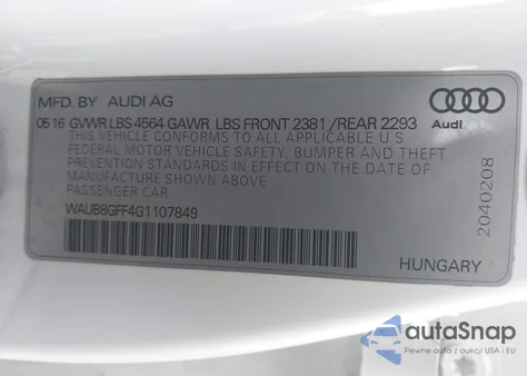 2016 Audi A3 2.0T Premium z USA, uszkodzony, nr VIN WAUB8GFF4G1107849